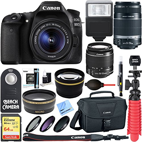 Canon EOS 80D CMOS DSLR Camera + 18-55mm IS STM & 55-250mm IS II Lens Kit + Accessory Bundle 64GB SDXC Memory + DSLR Photo Bag + Wide Angle Lens + 2x Telephoto Lens +Flash+Remote+Tripod