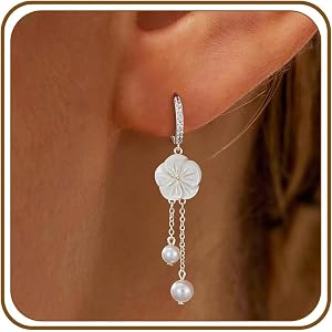 Lunvky White Pearl Dangle Drop Earrings for Women 14K Gold Silver Plated Flower Wedding Brides Earrings Dainty Statement Long