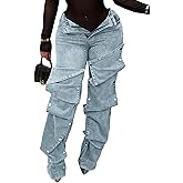 Famnbro Womens Baggy Cargo Jeans Y2K High Waisted Straight Wide Leg Detachable Denim Jeans