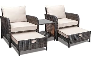 LEVELEVE Balcony Furniture 5 Piece Patio Conversation Set, PE Wicker Rattan Outdoor Lounge Chairs with Soft Cushions 2 Ottoman&Glass Table for Porch, Lawn-Brown Wicker