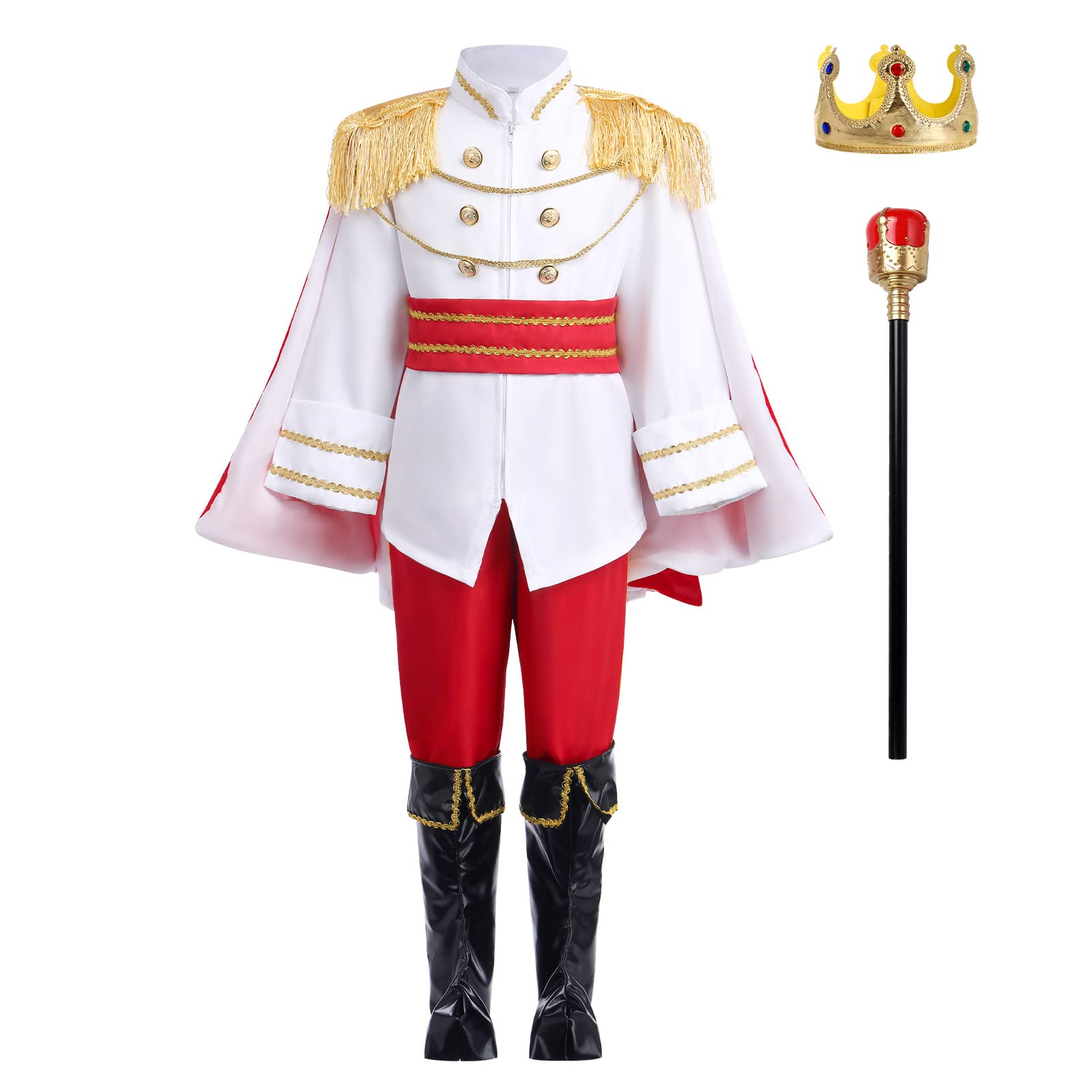 IWEMEK Prince Charming Costume Kids Boys Royal Prince Outfits World Book Day Children Fairytale Character Dressing Up Jacket Pants Belt + Crown Scepter Halloween Cosplay White 4-5 Years