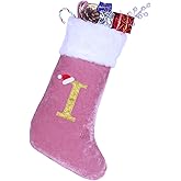 Sailup 20 Inches Monogram Christmas Stockings with Letters, Large Super Soft Christmas Stockings Pink Velvet with White Super Soft Plush Cuff for Xmas Tree Holiday Fireplace Gold Letter I