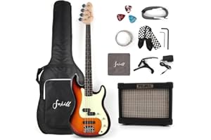 Fojill Full Size Four String Electric Bass Guitar With 10W Watt Amplifier 4 String Right Hand Beginner Starter Kit Set Combo Bundle Accessory Gig Bag,Picks,Capo,Noiselss Cable,Strings(Sunburst)