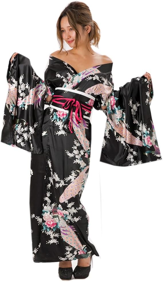 Amazon 花魁系 おいらん ガウンタイプ 着物ロングドレス 帯付 浴衣 肩出しok ポリエステル レディース 女性用 孔雀 黒 Xc97 Julius 服 ファッション小物 通販