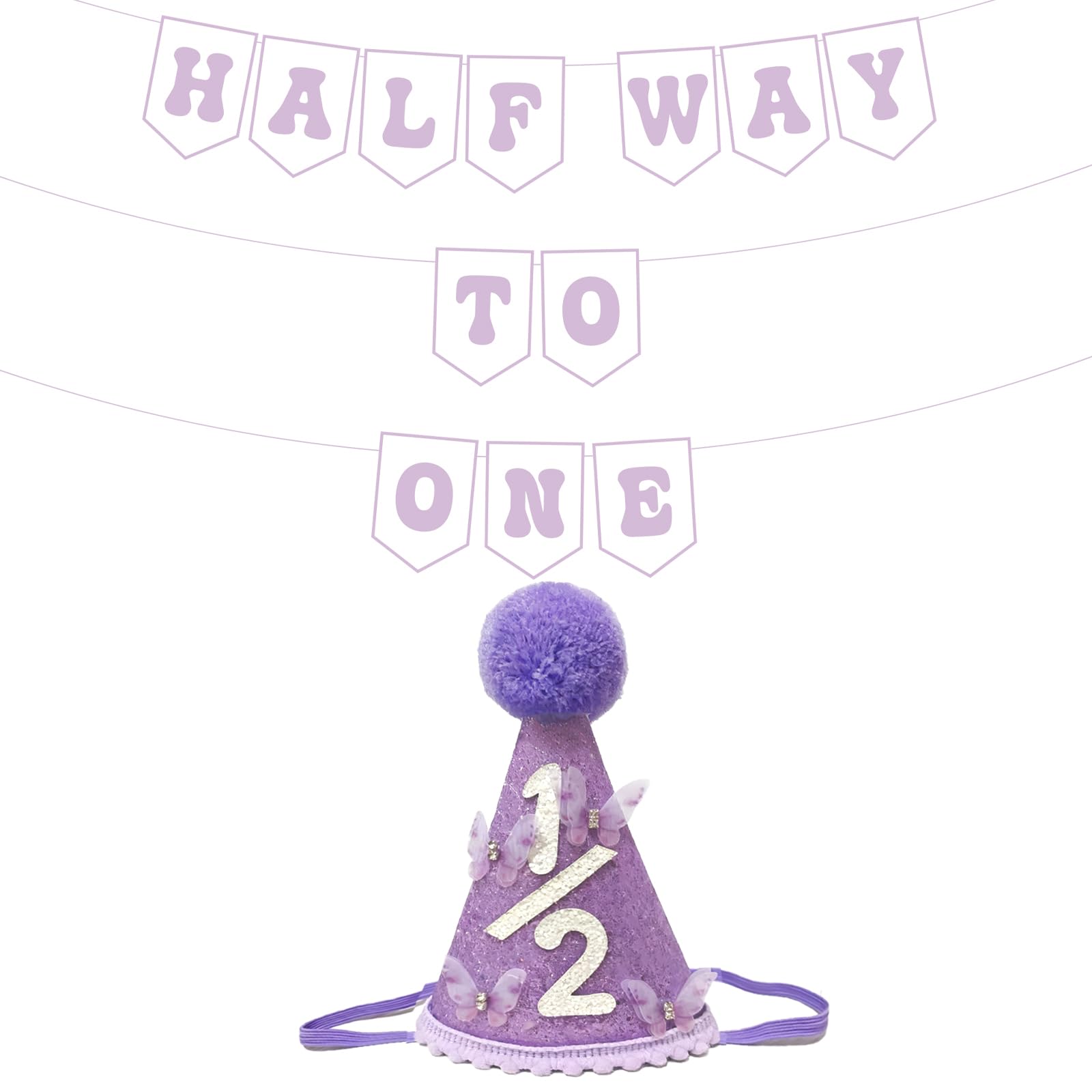 Shanmorine 6 Months Birthday Decorations For Girl, Purple 1/2 Birthday Hat With 3d Butterfly And Half Way To One Banner For Half BD Party Decorations, 1/2 Birth bay Girl Photo Shoot