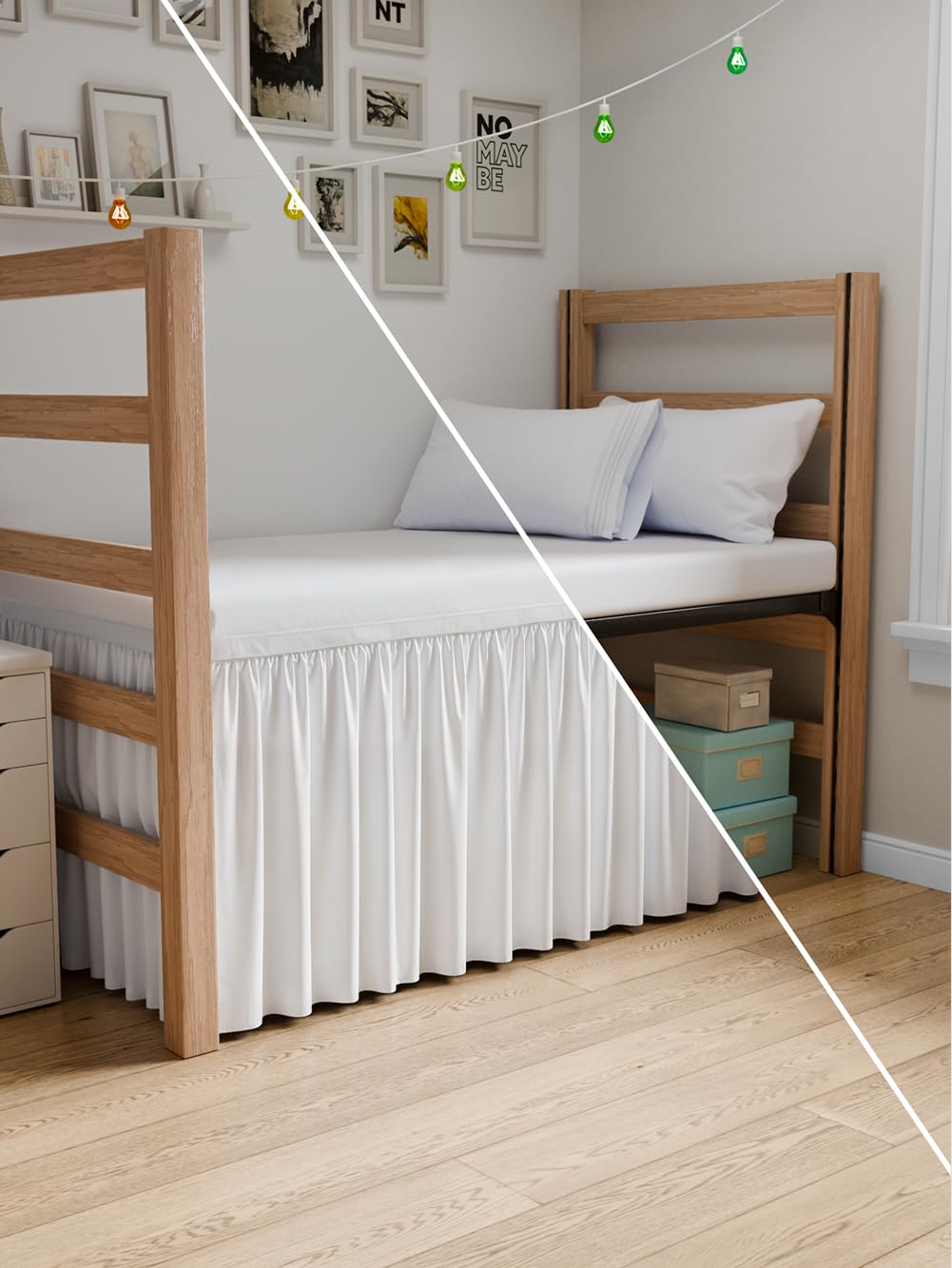 Photo 1 of Wrap Around Dorm Room Bed Skirt - For Twin XL Size Beds w/ 34 Inch Drop - Extra Long Dust Ruffled College Bedskirt with Split Corners - Easy Fit Elastic Strap - Adjustable, Fade & Wrinkle Free - White