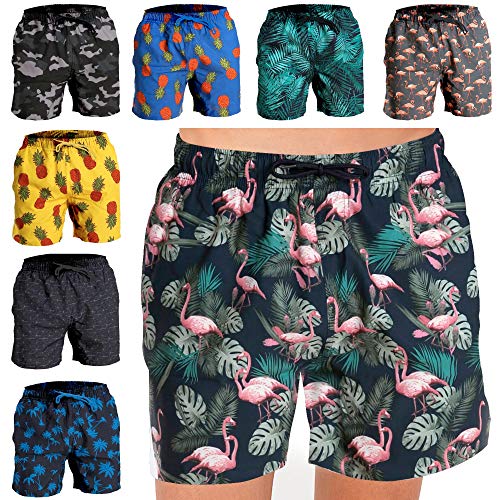 Fort Isle Mens Stretch Swim Trunks - XL - Flamingos and Floral - Quick Dry 4-Way Stretch - Bathing Suit