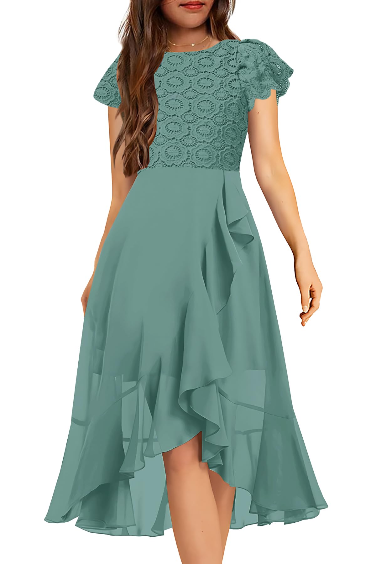 Photo 1 of HOSIKA Girls Summer Short Sleeve Retro Lace A-line Flowy Elegant Wedding Guest Party Events Maxi Dress for 6-12 Y Sage