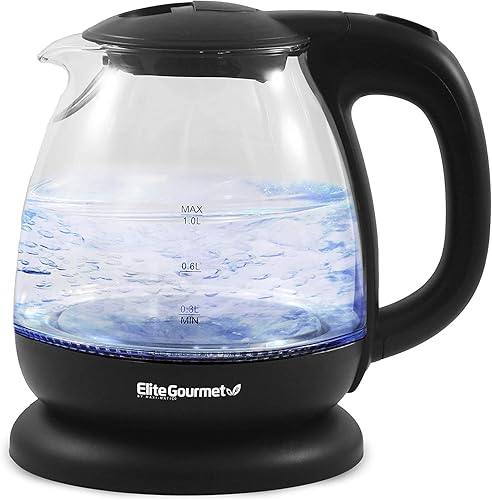 Small Appliances - Elite Gourmet EKT1001 Electric 1.0L BPA-Free 1100W Glass Kettle Cordless 360° Base, Stylish Blue LED Interior, Handy Auto Shut-Off Function – Quickly Boil Water For Tea & More, Black