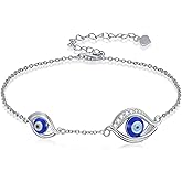 LWXIE Diamond Evil Eye Bracelets 925 Sterling Silver Blue Evil Eye Bracelet Dainty Adjustable Bracelets Protection Jewelry Birthday Christmas Gift for Women