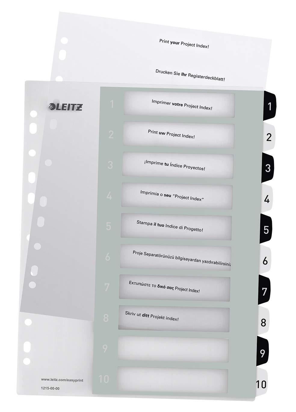 Leitz WOW Printable Index, Extra-Wide, 1-10 Numbered Tabs, PP, A4, White/Black