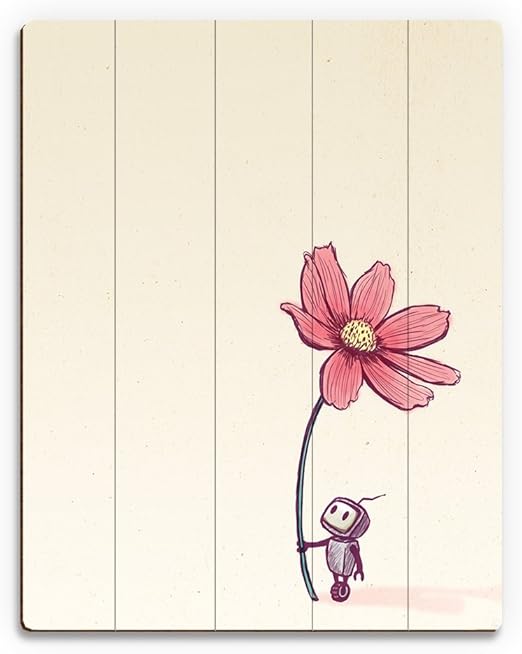 Amazon Com Hold My Flower Sweet Line Drawing Of Small Wheeled Robot Holding Single Stem Pink Cosmos Flower Wall Art Print On Wood Posters Prints
