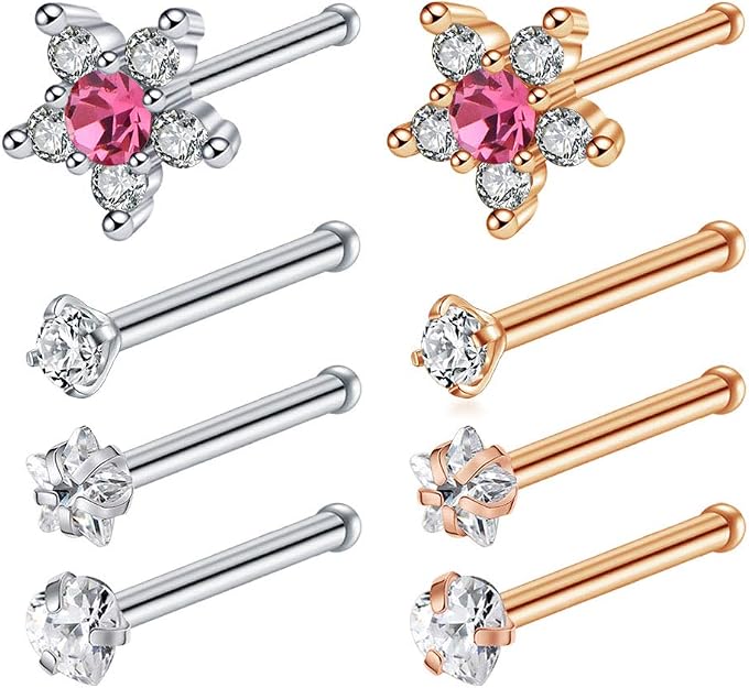 8 Piercings Nombril Acier Inoxydable 316L - Pendants Fleur, Cœur, Papillon - Taille 10 Mm, 14G - 8