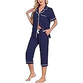 ANLIQI Women's Cotton Pajama Sets Short Sleeve Modal Capri Pjs Button Down Sleepwear for Women Soft & Comfy Lounge Set S-2XL