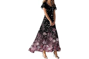 ZCJBWWHF Summer Dresses for Women Elegant V-Neck Short Sleeve Long Maxi Dress Solid/Floral Printed Cocktail Party Dresses