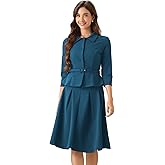 Allegra K Business Skirt Suit Sets for Women's 2 Piece Outfits Office 3/4 Sleeve Blazer Jacket Pleated Skirts