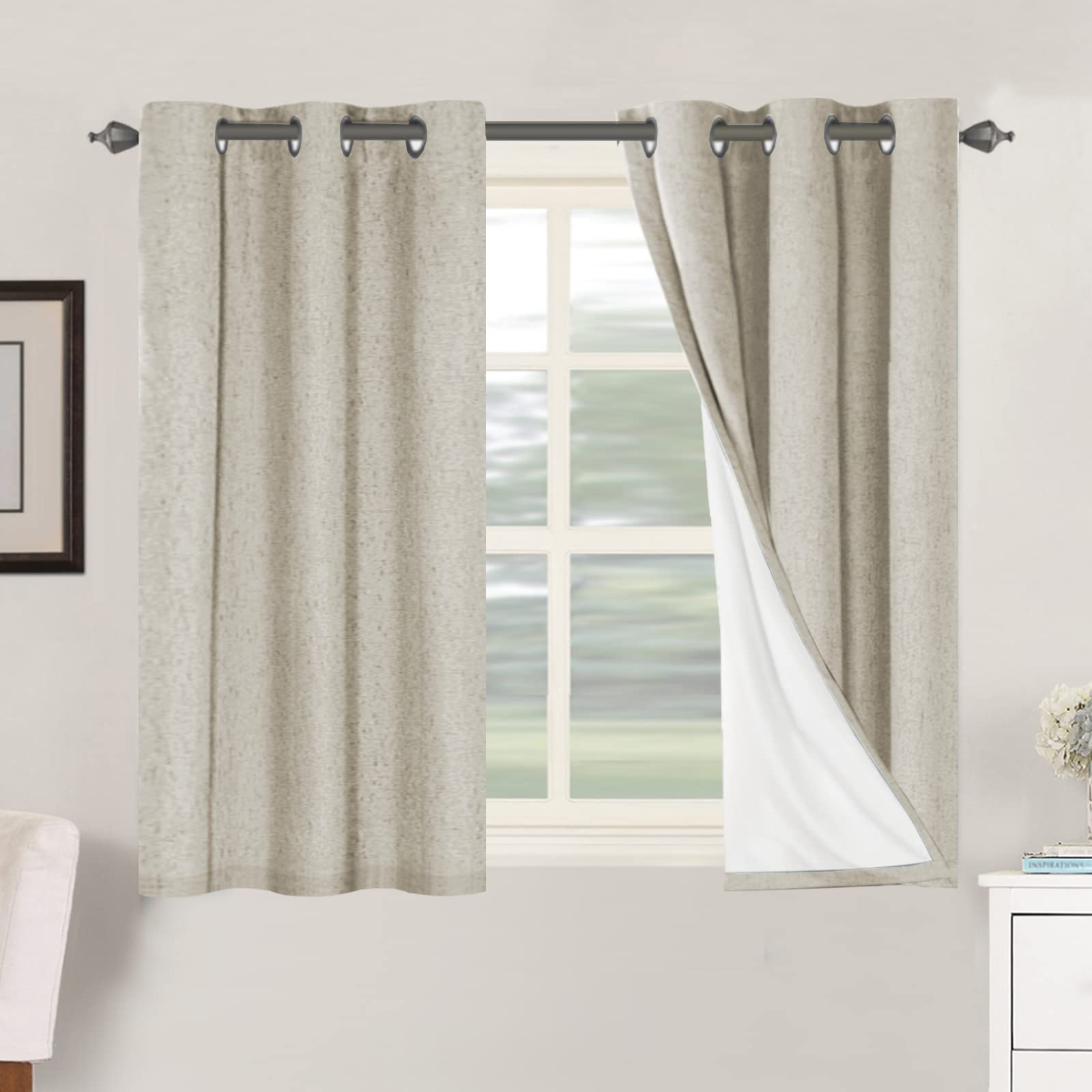 Photo 1 of H.VERSAILTEX 100% Blackout Curtains for Bedroom Thermal Insulated Linen Textured Curtains Heat and Full Light Blocking Drapes Living Room Curtains 2 Panel Sets, 42x45 Inch, Cobblestone