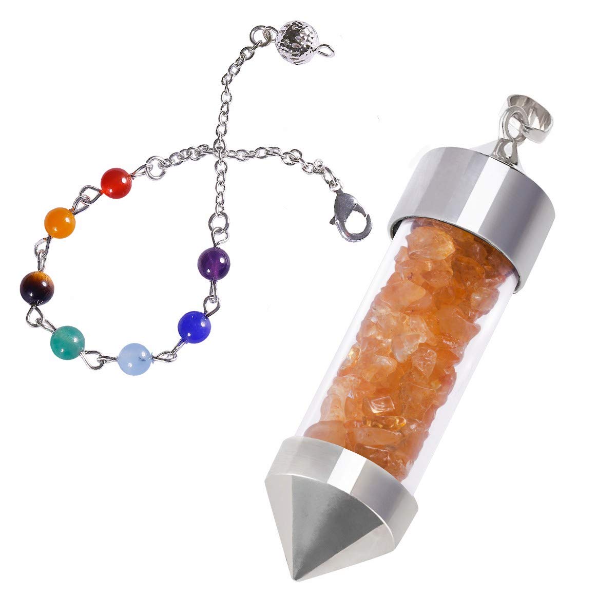 mookaitedecor Citrine Crystal Pendulum Bottle Crystal Pendant Necklace Chips Crystal Point Pendulum for Dowsing Scrying Divination Reiki Healing Crystal Pendulum with 7 Chakra Bead Chain