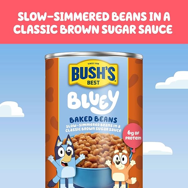 BUSH’S BEST 15.8 OZ CANNED BLUEY ORIGINAL BAKED BEANS, SOURCE OF PLANT BASED PROTEIN AND FIBER, LOW FAT, GLUTEN FREE, (BLUEY), (PACK OF 12)