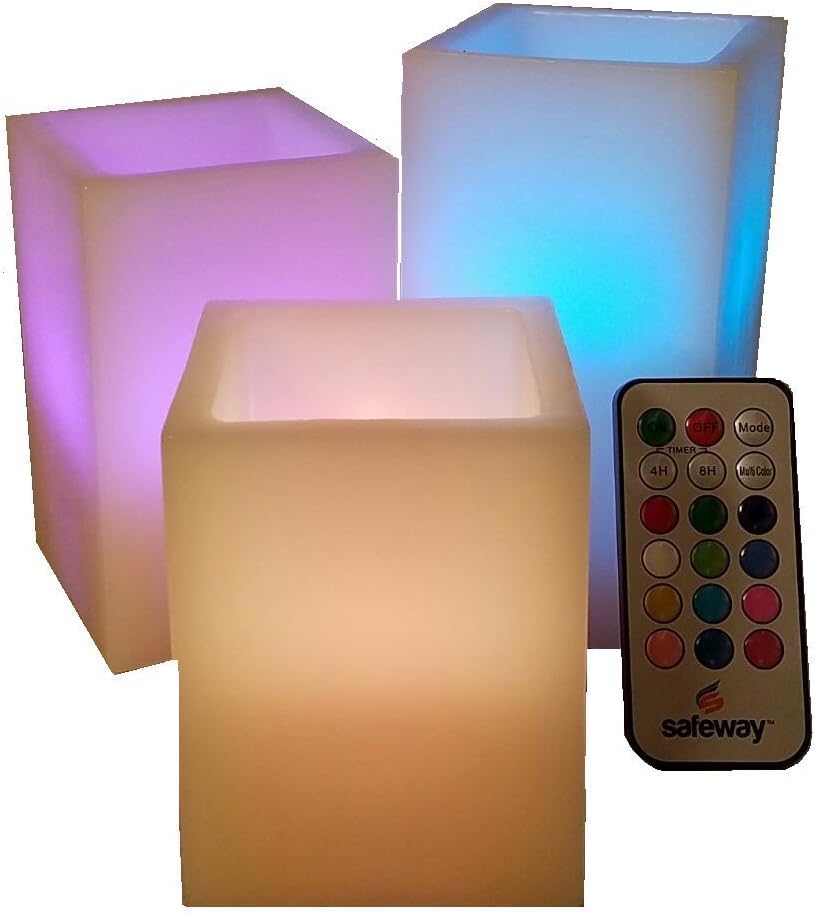 Christmas 3 Square LED Candle Lights, Weatherproof Outdoor and Indoor Color Changing 4" 5" 6" with Remote Control & Timer Vanilla Scented, Flameless, Flickering Flame, Smooth Real Wax