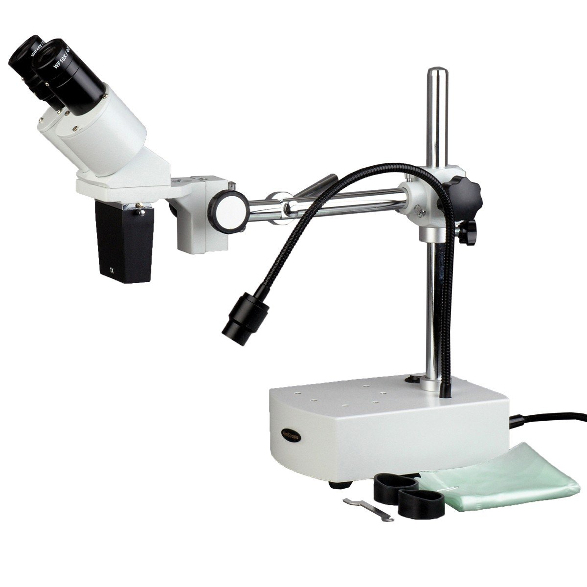 AmScope SE400-LED 10X Binocular LED Stereo Microscope Boom Arm with Gooseneck Light, White