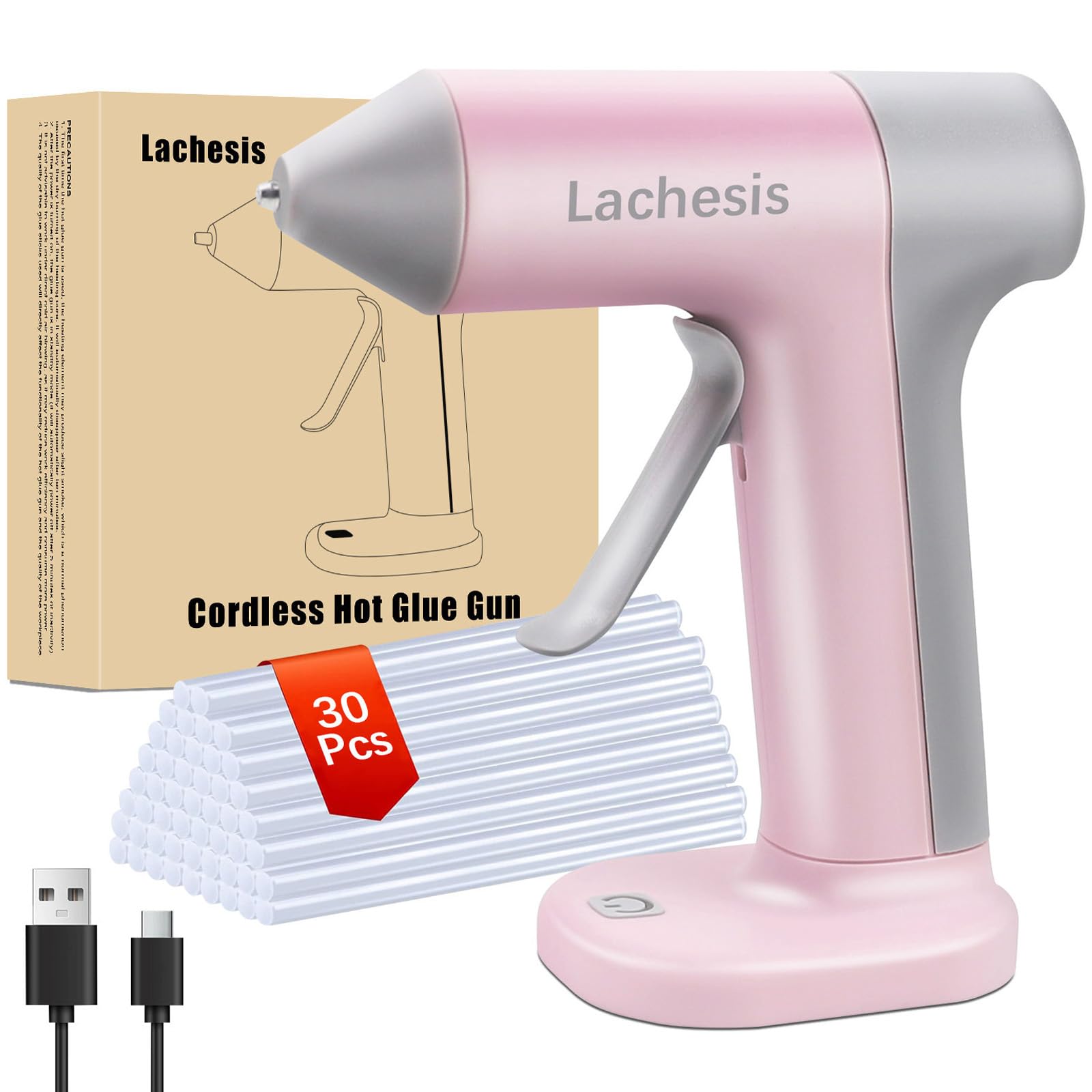 Photo 1 of Lachesis Cordless Hot Glue Gun with 30 Pcs Glue Sticks, 2000mAh Rechargeable Battery Fast Preheating Smart Power-off Wireless Hot Melt Glue Gun Kit for DIY, Arts & Craft, Decor, Home Repairs(Pink)