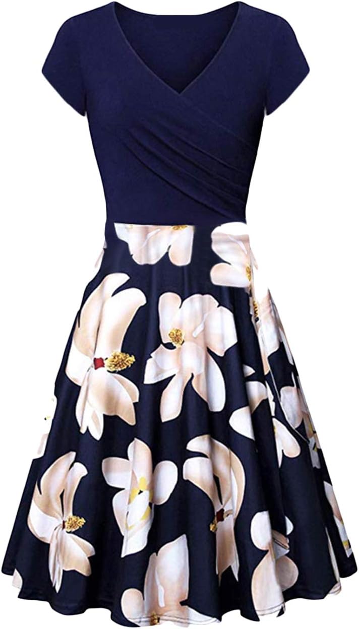 EFOFEI Womens Casual Swing Short Sleeve Wrap V Neck Floral Solid A Line Midi Dress