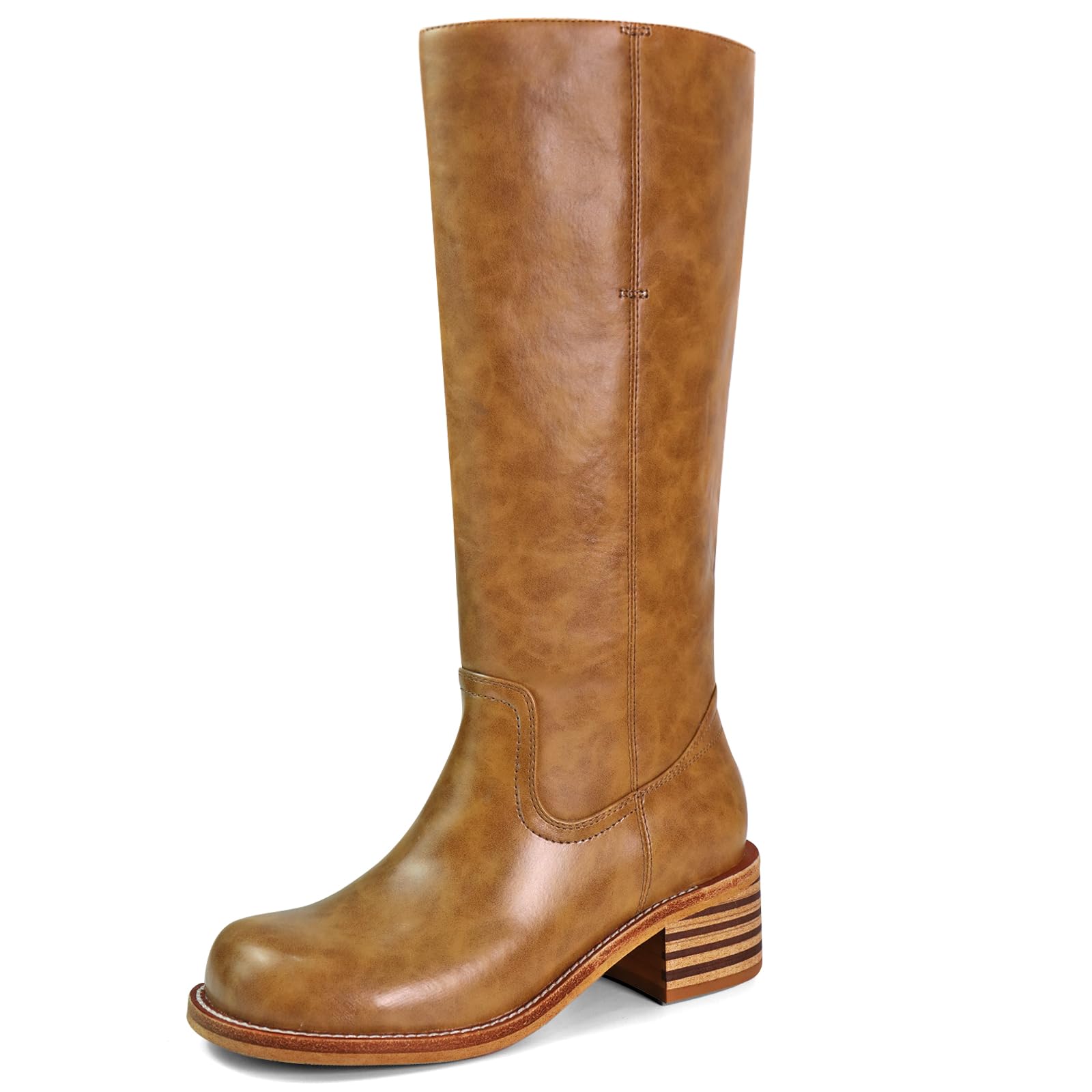 Photo 1 of VBDB Brown Knee High Boots for Women Platform Square Toe Chunky Heel Wide Calf Campus Boots Tall Riding Long Boots Size 8