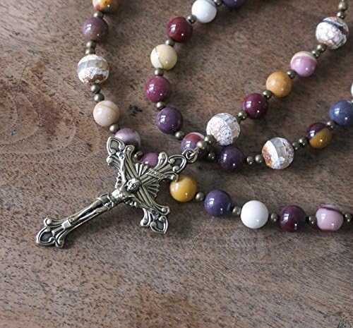 5 decade Catholic Rosary featuring Jasper, Dzi Tibetan Agate, and Brass