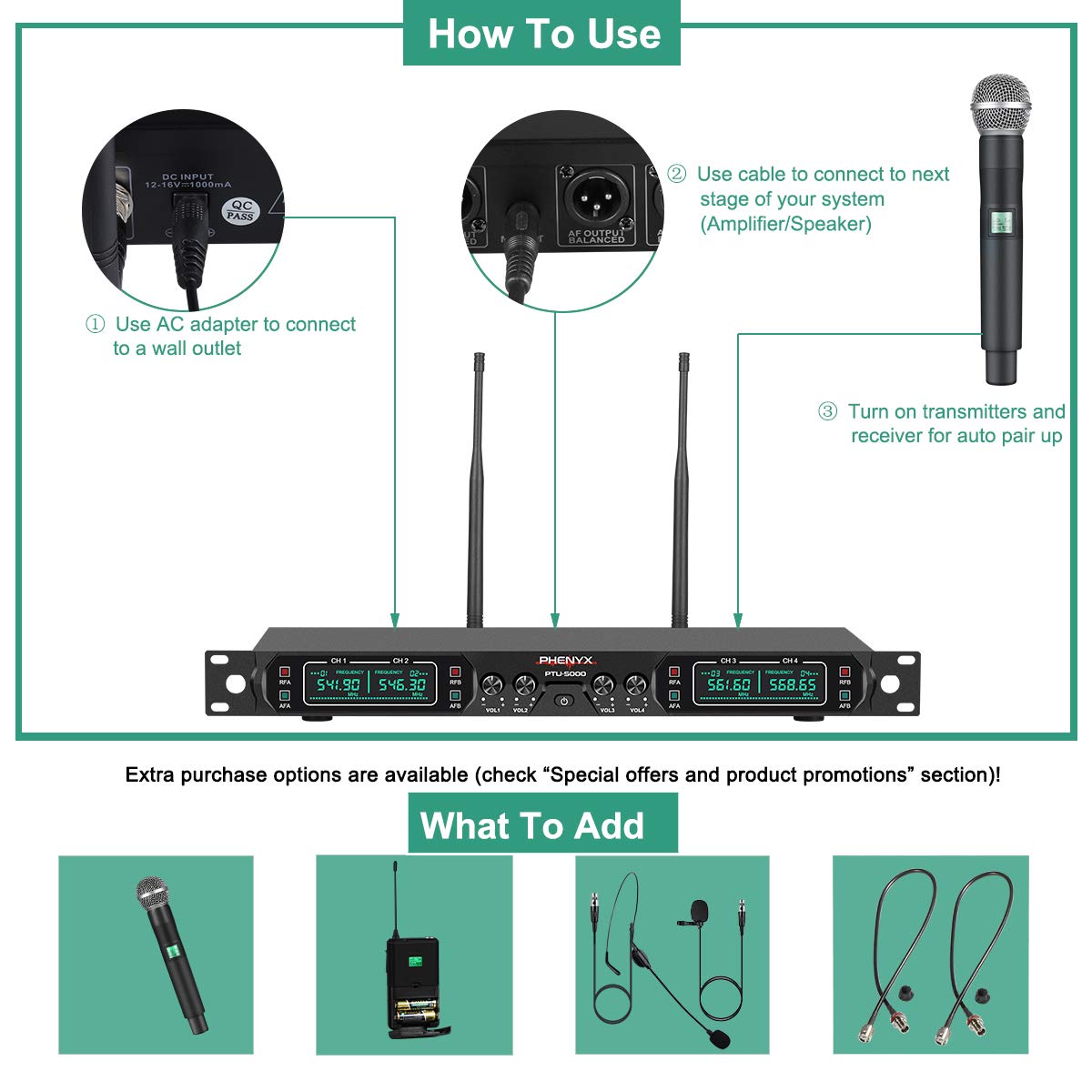 Phenyx Pro 4Channel UHF Wireless Microphone System, Cordless Mic Set