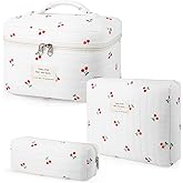 Givurao 3Pcs Cotton Quilted Makeup Bag for Women Girls, Large Floral Cosmetic Bag Set Cute Makeup Brushes Aesthetic Accessories Storage Bag Cherry Travel Toiletry Bag Organizer