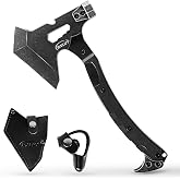 RXLUY Tactical Axe with G10 Handle Camping Survival Hatchet, Multifunctional Outdoor Hiking Heavy Duty Full Tang Tomahawk Tools with Hammer, Unique Design Crowbar, Leather Sheath (Black)