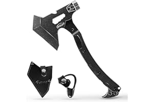 RXLUY Tactical Axe with G10 Handle Camping Survival Hatchet, Multifunctional Hiking Outdoor Heavy Duty Full Tang Tomahawk Tools with Hammer, Unique Design Crowbar, Leather Sheath (Black)