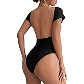 WDIRARA Women's Sexy Backless Bodysuit Leotard Cap Sleeve Boat Neck Body Suits Tops