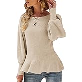 Womens Fall Puff Sleeve Peplum Casual Slim Fit Knit Pullover Sweater Jumper Tops
