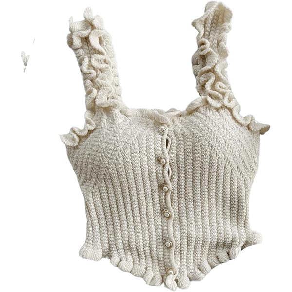 SHENHE Women's Asymmetrical Frilled Tank Top - Button Down Crop Knit, Wide Strap, Stretchy - View #8