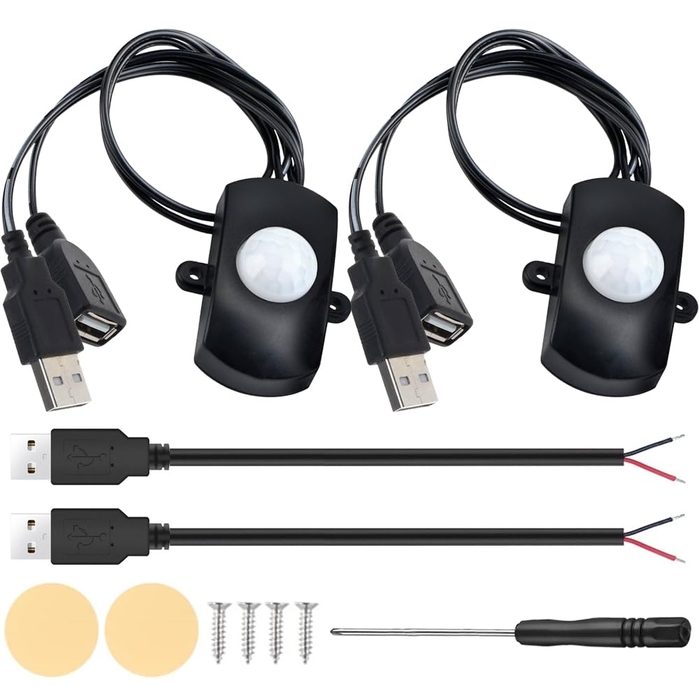 Xiatiaosann USB 5V DC12-24V 2A Mini Pir Motion Sensor Switch, Infrared Activated LED Switch Controller LED Motion Sensor Switch for Wall Lamps, with USB Bare Wires, Screwdriver (2 Pack)