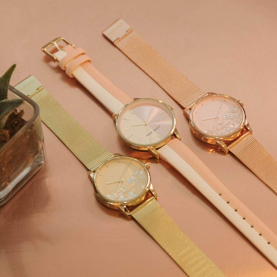 Nine West Women's Floral Dial Mesh Bracelet Watch