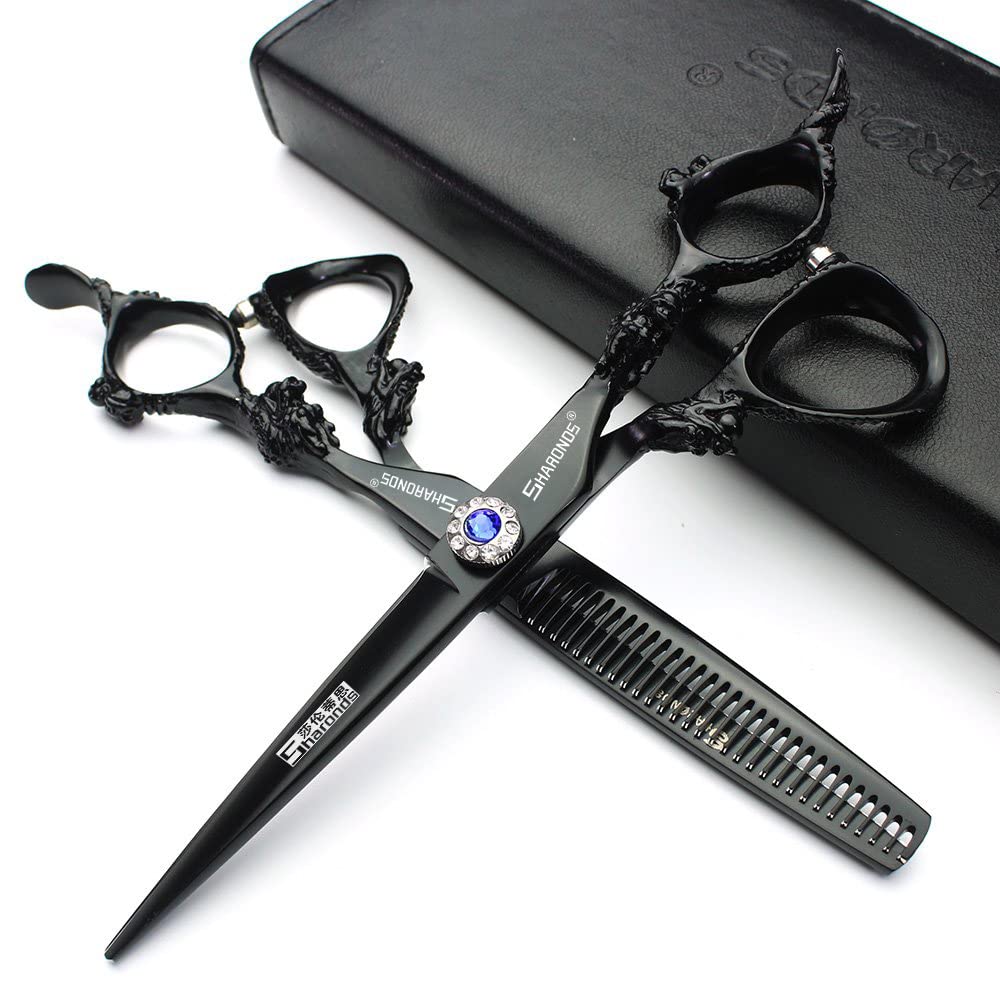 SHARONDS 5.5inch Professional Barber Hairdressing Scissors Set Salon Hair Cutting Thinning Scissors Cutter Shears Stainless Steel (Black)