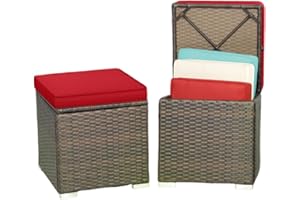 MEDIMALL Patio Wicker Ottoman Set of 2, Multipurpose Outdoor Footstool w/Removable Cushions, Rattan Side Table w/Storage, Footstool Ottoman Seat for Garden, Backyard, Poolside (Red)
