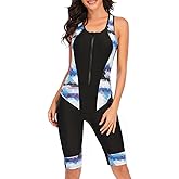 Women's Boyleg Racerback One Piece Swimsuit Knee Length Zip Front Sports Bathing Suit
