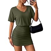 JoyMotion Women's Short Sleeve Ruched Bodycon Dress Casual V Neck Summer Cute Fitted Mini Dress