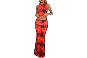 LYBIOGS Skirt Sets Women 2 Piece Outfits - Sexy Two Pc Sleeveless Tank Crop Top Fold Over Maxi Long Skirts