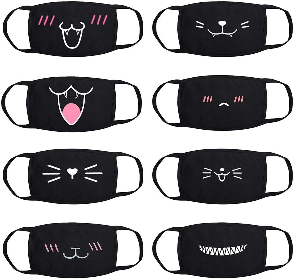 YYQXIiyty Cartoon Face Mask,Cotton Cute Print Black Thick Breathable Coldproof Dust Mask 8pcs Set Reusable Cotton Mask