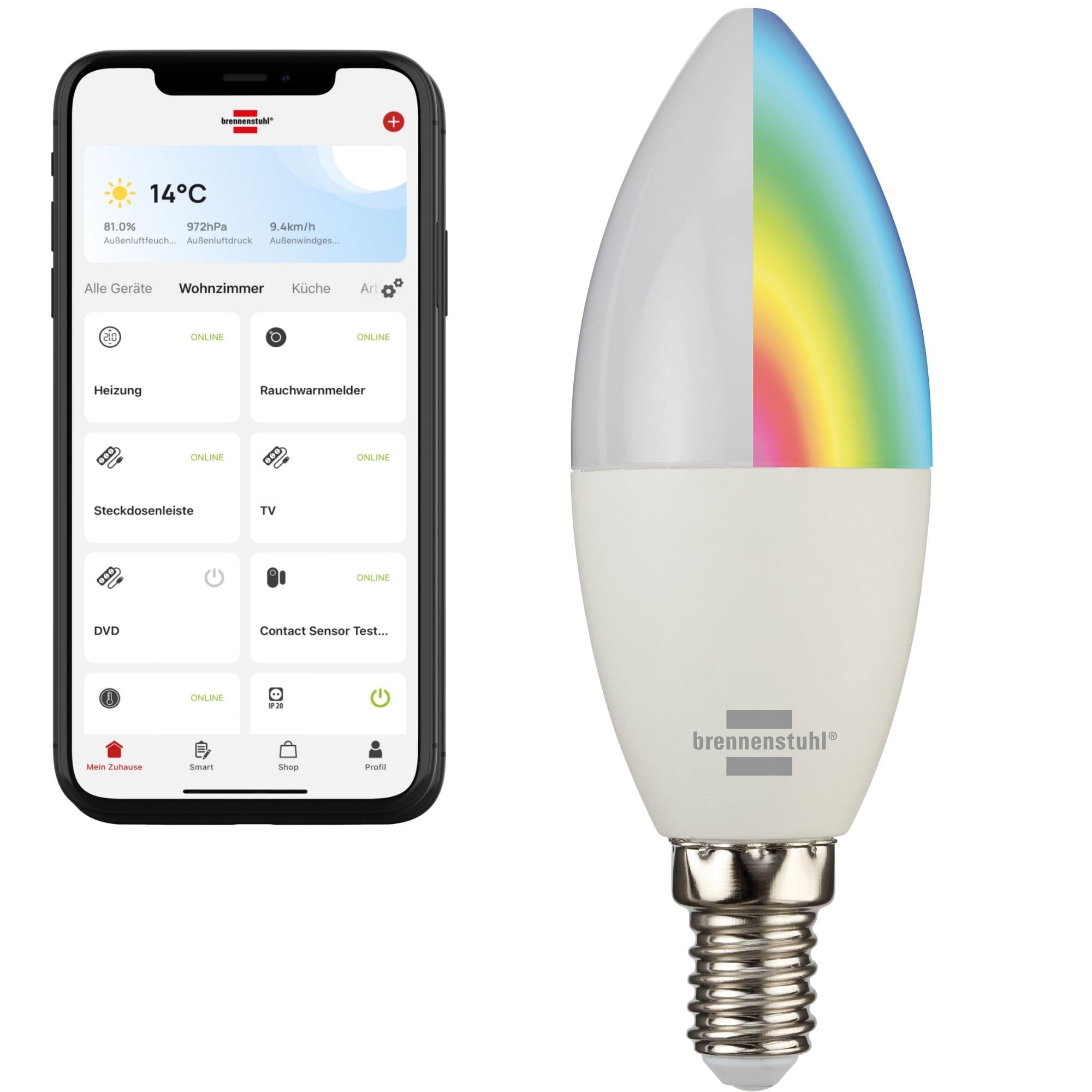 Brennenstuhl Connect Smart Bulb SB 400 E14 (Compatible with Alexa and Google Assistant, no hub Necessary, Smart Light Bulb 2.4 GHz with Free app, 430lm, 5.5W)