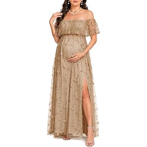 CYCLAMEN Off the Shoulder 3D Floral Maternity Dress Ruffle Mesh Pregnancy Maxi Gown for Baby Shower Photoshoot Party