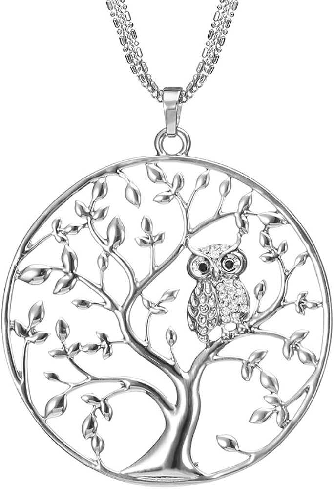 Necklace for Women Tree of Life with Cute Owl with CZ Crystal Pendant Necklace for Girls Silver Long Chain Necklace (Silver Plated)
