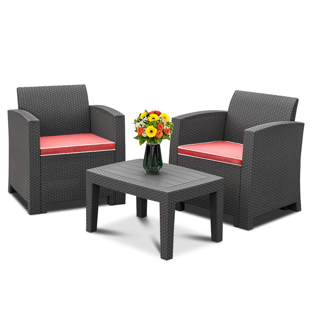 Bonnlo 3pcs Garden Furniture Set With Washable Seat Cushions Plastic Wicker Pattern Patio Furniture Sets For Outdoor Indoor Patio Backyard Porch Poolside Black Amazon In Garden Outdoors