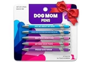 rubyloo Funny Dog Mom Gift Pen Set – 5 Black Ink Ballpoint Pens with Stylus Tips & Quality Metal Barrels with Hilarious Doggy Quotes – Cute Dog Mom Gift for Women for Christmas, Stockings, Birthdays