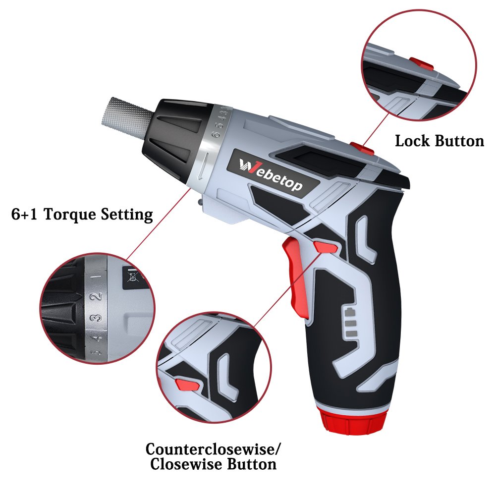 Webetop Cordless Drill Driver 3.6 Volt 2000mAh MAX Torque 6 Position Rechargeable 46 Screwdriver Bits in Case USB Charging for Around House Small Jobs with 3 LED Light